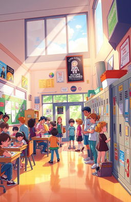 A vibrant illustration of a middle school setting, filled with nostalgic elements that capture the essence of childhood dreams