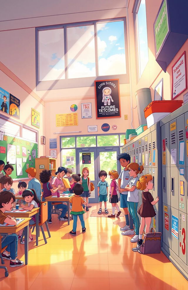 A vibrant illustration of a middle school setting, filled with nostalgic elements that capture the essence of childhood dreams