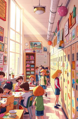 A vibrant illustration of a middle school setting, filled with nostalgic elements that capture the essence of childhood dreams