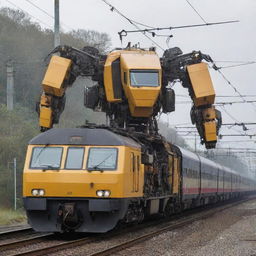 A modern electric train undergoing a transformation into a powerful Transformer. The carriages morph into a sturdy robotic frame, the engine forms the head, and the overhead electricity lines turn into energetic weapons wielded skillfully by the Transformer