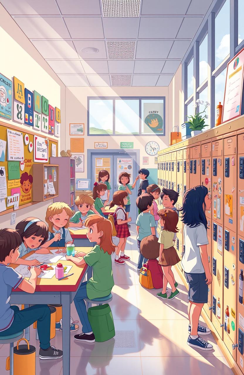 A vibrant illustration of a middle school setting, filled with nostalgic elements that capture the essence of childhood dreams