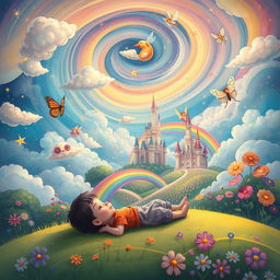 A whimsical and enchanting illustration of a child's dream, featuring a fantastical landscape filled with imagination and wonder