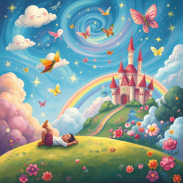 A whimsical and enchanting illustration of a child's dream, featuring a fantastical landscape filled with imagination and wonder