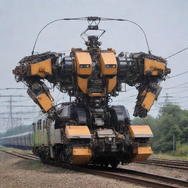 A modern electric train undergoing a transformation into a powerful Transformer. The carriages morph into a sturdy robotic frame, the engine forms the head, and the overhead electricity lines turn into energetic weapons wielded skillfully by the Transformer