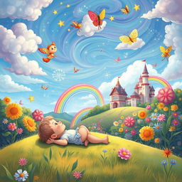 A whimsical and enchanting illustration of a child's dream, featuring a fantastical landscape filled with imagination and wonder
