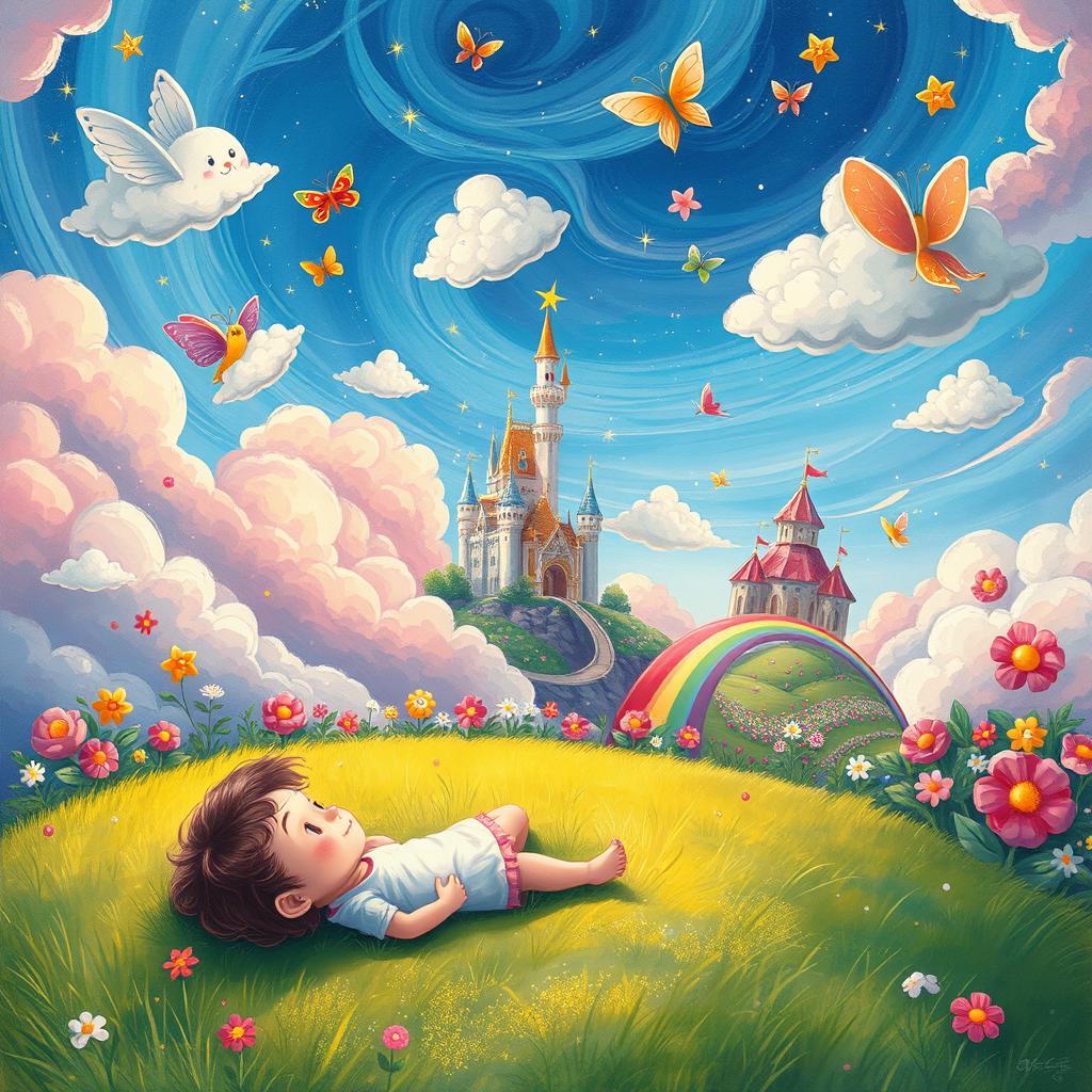 A whimsical and enchanting illustration of a child's dream, featuring a fantastical landscape filled with imagination and wonder