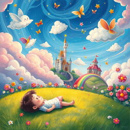 A whimsical and enchanting illustration of a child's dream, featuring a fantastical landscape filled with imagination and wonder