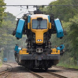 A modern electric train undergoing a transformation into a powerful Transformer. The carriages morph into a sturdy robotic frame, the engine forms the head, and the overhead electricity lines turn into energetic weapons wielded skillfully by the Transformer