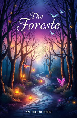 Design a captivating book cover featuring a mystical forest with ethereal, glowing trees and vibrant, magical creatures