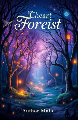 Design a captivating book cover featuring a mystical forest with ethereal, glowing trees and vibrant, magical creatures
