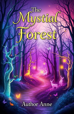 Design a captivating book cover featuring a mystical forest with ethereal, glowing trees and vibrant, magical creatures