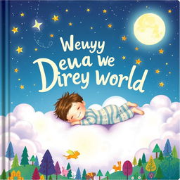 A whimsical and imaginative book cover depicting a dream landscape with a young boy lying on a fluffy cloud, surrounded by a fantastical world