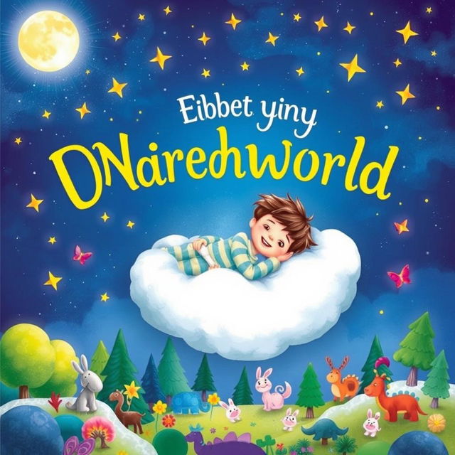 A whimsical and imaginative book cover depicting a dream landscape with a young boy lying on a fluffy cloud, surrounded by a fantastical world