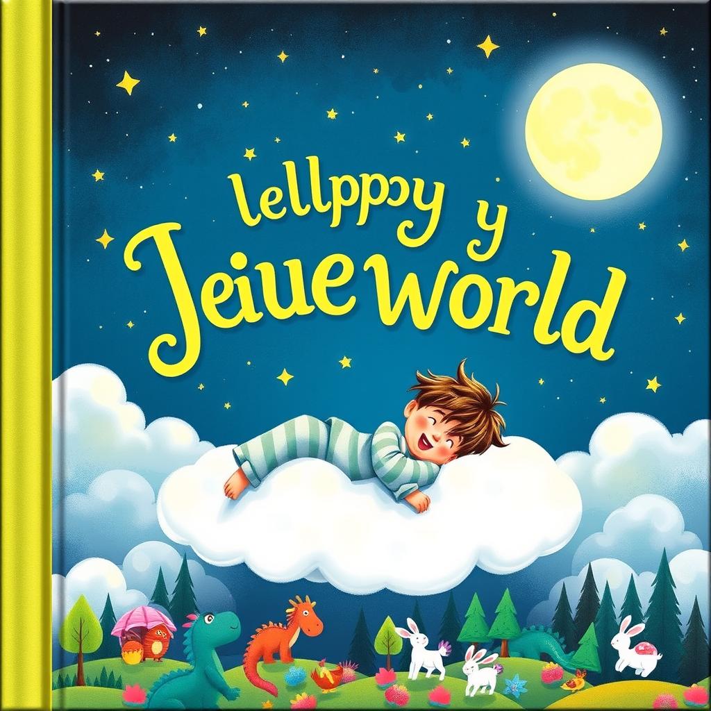 A whimsical and imaginative book cover depicting a dream landscape with a young boy lying on a fluffy cloud, surrounded by a fantastical world