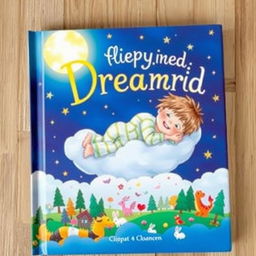 A whimsical and imaginative book cover depicting a dream landscape with a young boy lying on a fluffy cloud, surrounded by a fantastical world