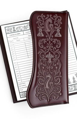 A stylish and elegant chess score sheet book, featuring a high-quality leather cover embossed with intricate chess motifs