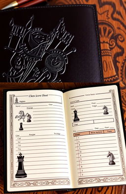 A stylish and elegant chess score sheet book, featuring a high-quality leather cover embossed with intricate chess motifs