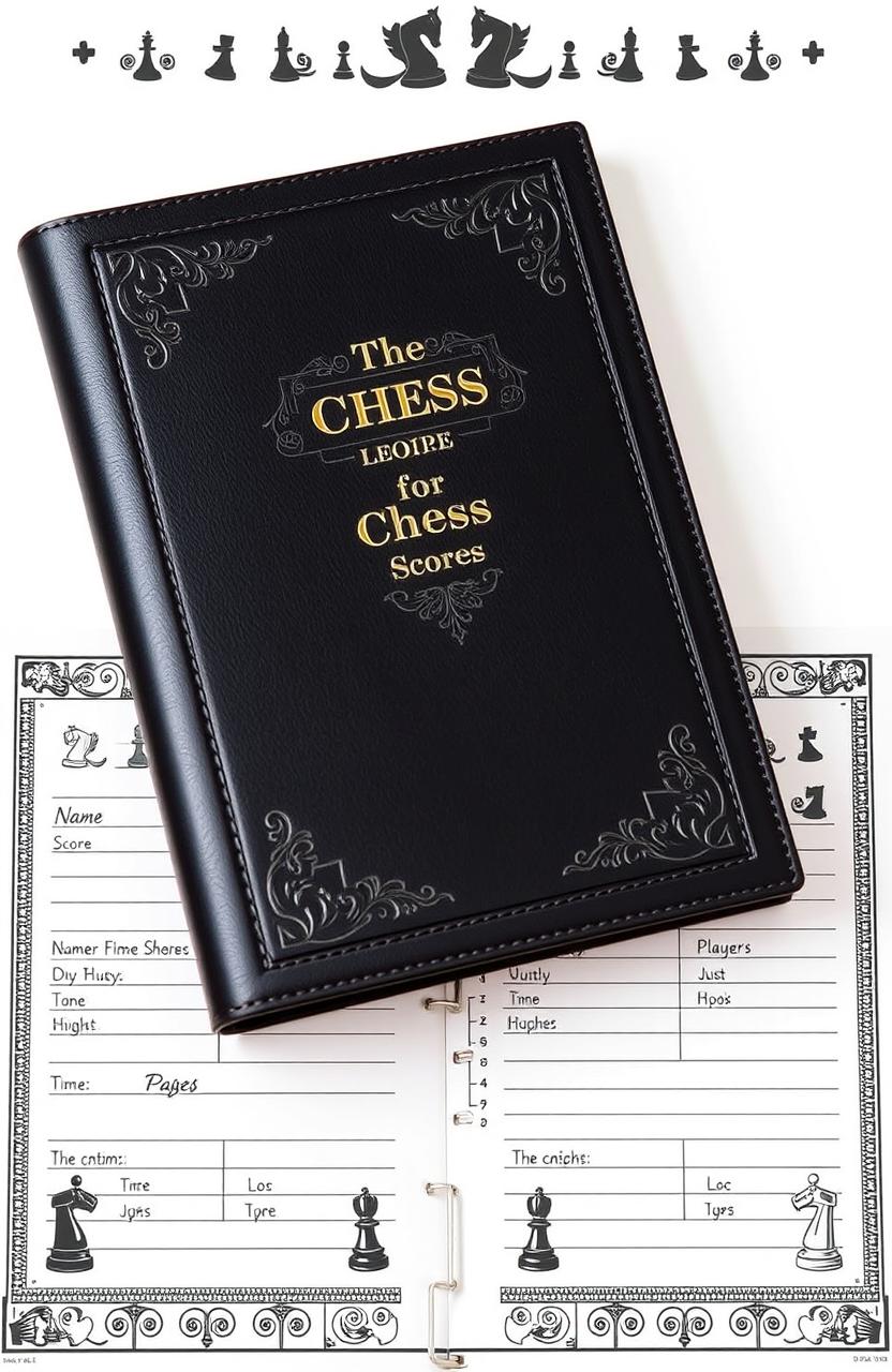 A stylish and elegant chess score sheet book, featuring a high-quality leather cover embossed with intricate chess motifs