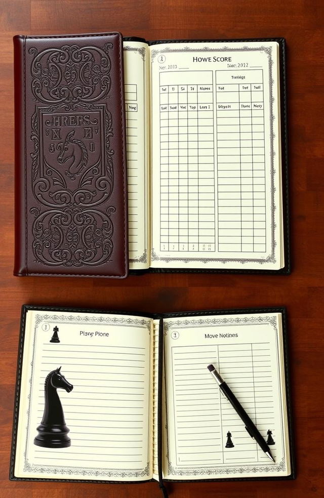 A stylish and elegant chess score sheet book, featuring a high-quality leather cover embossed with intricate chess motifs