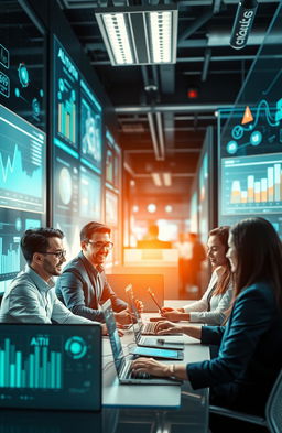 A visually engaging representation of a modern digital business landscape powered by AI technology
