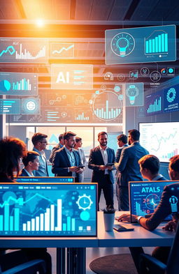 A visually engaging representation of a modern digital business landscape powered by AI technology