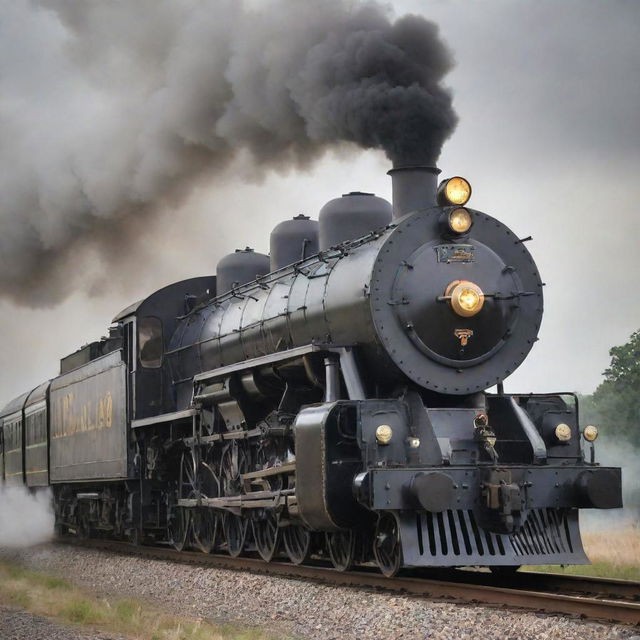 A majestic steam train transforming into a mighty Transformer. The locomotive forms the head and torso, compartments morph into heavily armored limbs, while the smokestack and steam whistle convert into a vintage-style blaster weapon