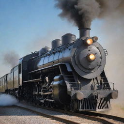 A majestic steam train transforming into a mighty Transformer. The locomotive forms the head and torso, compartments morph into heavily armored limbs, while the smokestack and steam whistle convert into a vintage-style blaster weapon