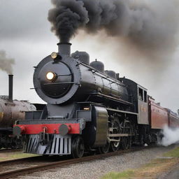 A majestic steam train transforming into a mighty Transformer. The locomotive forms the head and torso, compartments morph into heavily armored limbs, while the smokestack and steam whistle convert into a vintage-style blaster weapon