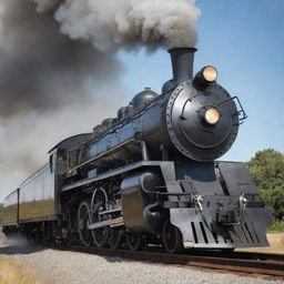 A majestic steam train transforming into a mighty Transformer. The locomotive forms the head and torso, compartments morph into heavily armored limbs, while the smokestack and steam whistle convert into a vintage-style blaster weapon