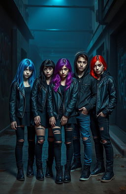A group of three girls and five boys standing together, dressed in dark and eerie colors, showcasing a slightly menacing vibe