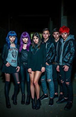 A group of three girls and five boys standing together, dressed in dark and eerie colors, showcasing a slightly menacing vibe