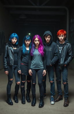 A group of three girls and five boys standing together, dressed in dark and eerie colors, showcasing a slightly menacing vibe