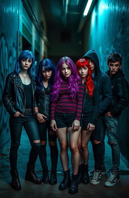 A group of three girls and five boys standing together, dressed in dark and eerie colors, showcasing a slightly menacing vibe