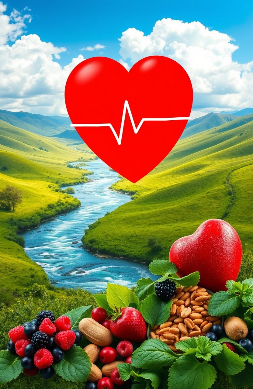 A picturesque landscape that symbolizes heart health and wellness, featuring a tranquil scene with lush green hills and a flowing river that represents blood circulation