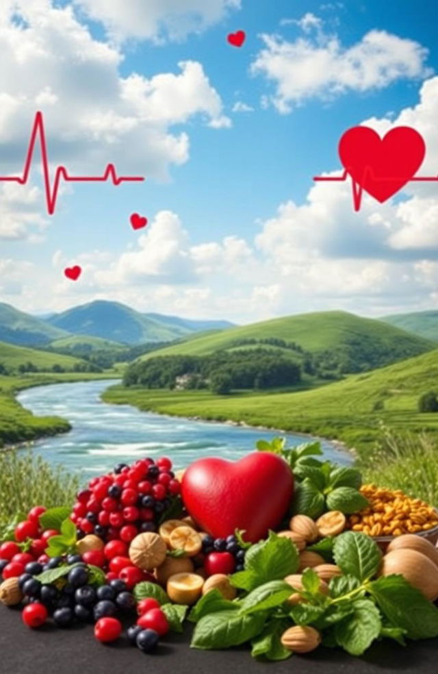 A picturesque landscape that symbolizes heart health and wellness, featuring a tranquil scene with lush green hills and a flowing river that represents blood circulation