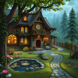 A cozy, fantasy-themed house set in a whimsical Dungeons & Dragons world
