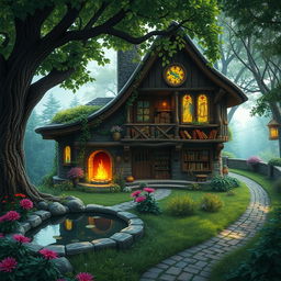 A cozy, fantasy-themed house set in a whimsical Dungeons & Dragons world