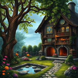 A cozy, fantasy-themed house set in a whimsical Dungeons & Dragons world