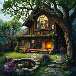 A cozy, fantasy-themed house set in a whimsical Dungeons & Dragons world