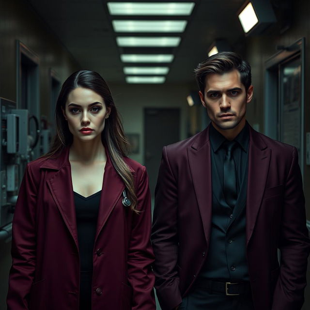 Two couples featuring female doctors and their male partners, all dressed in dark, haunting colors that create a sinister yet intriguing atmosphere