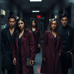 Two couples featuring female doctors and their male partners, all dressed in dark, haunting colors that create a sinister yet intriguing atmosphere