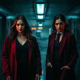 Two couples featuring female doctors and their male partners, all dressed in dark, haunting colors that create a sinister yet intriguing atmosphere