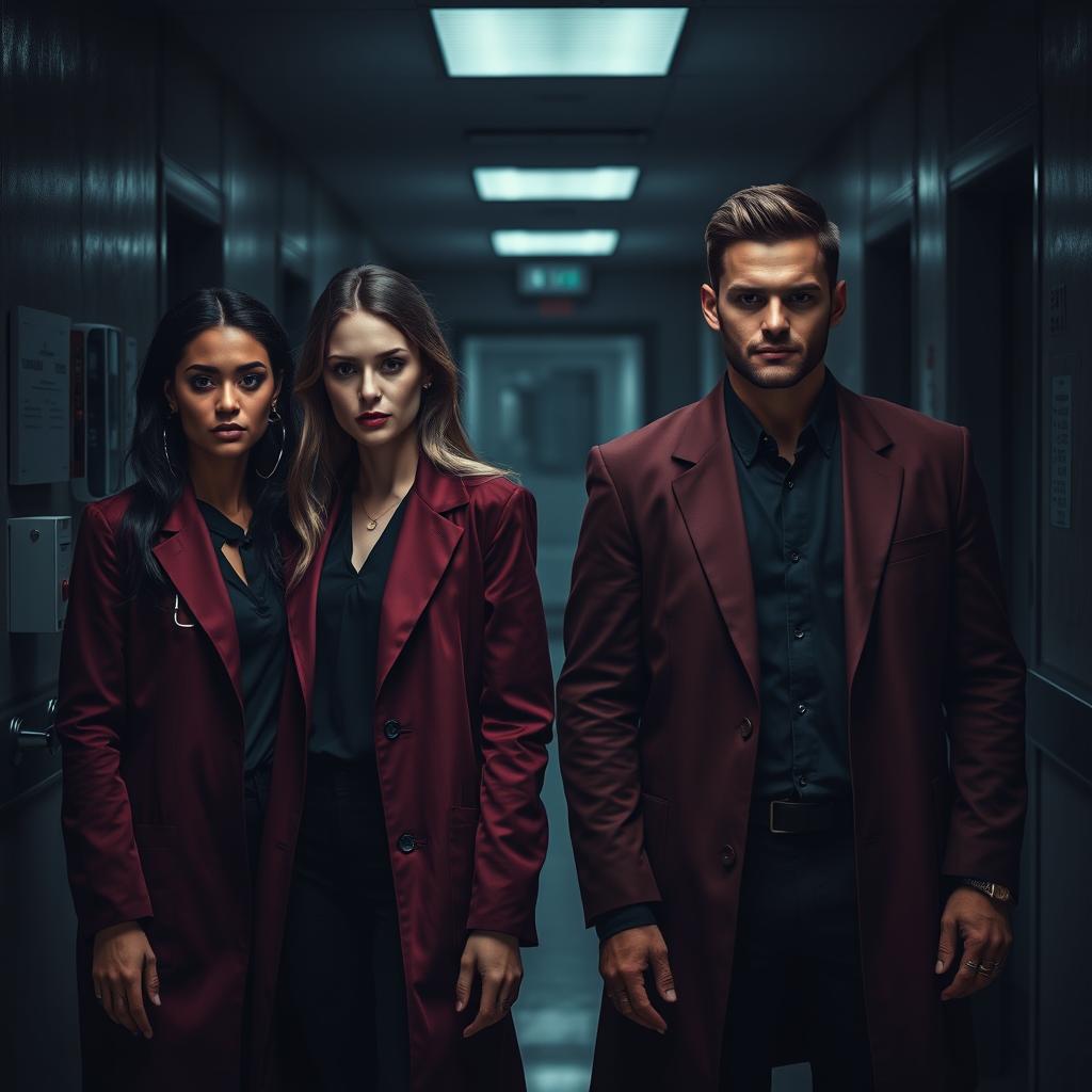 Two couples featuring female doctors and their male partners, all dressed in dark, haunting colors that create a sinister yet intriguing atmosphere