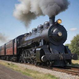 An old-fashioned steam train transmuting into a formidable Transformer. The train's carriages assemble into a powerful mechanical form, the steam engine serves as the robust head and torso, and the smokestack becomes a mighty steam-powered weapon