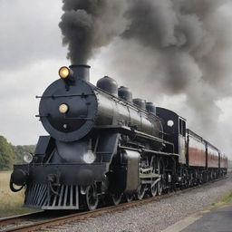 An old-fashioned steam train transmuting into a formidable Transformer. The train's carriages assemble into a powerful mechanical form, the steam engine serves as the robust head and torso, and the smokestack becomes a mighty steam-powered weapon