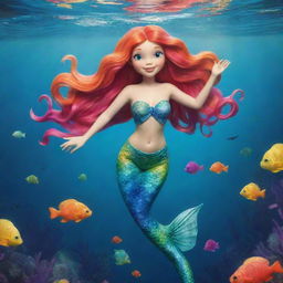 A charming, colourful depiction of a cartoon mermaid, swimming gracefully underwater.