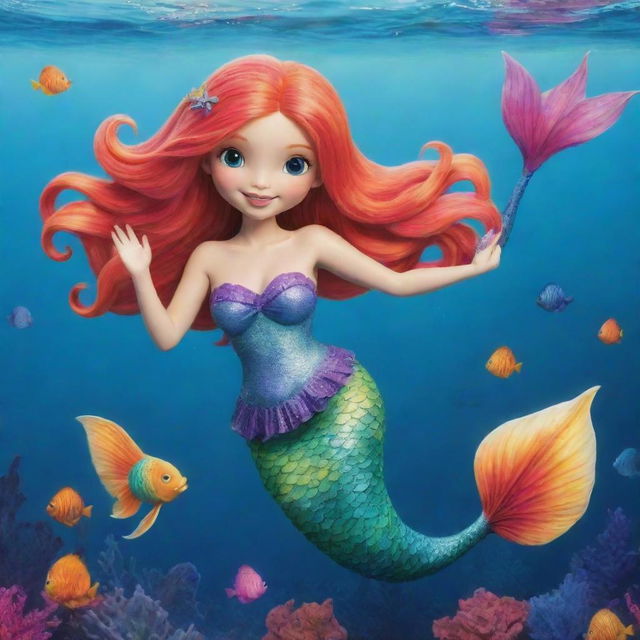 A charming, colourful depiction of a cartoon mermaid, swimming gracefully underwater.