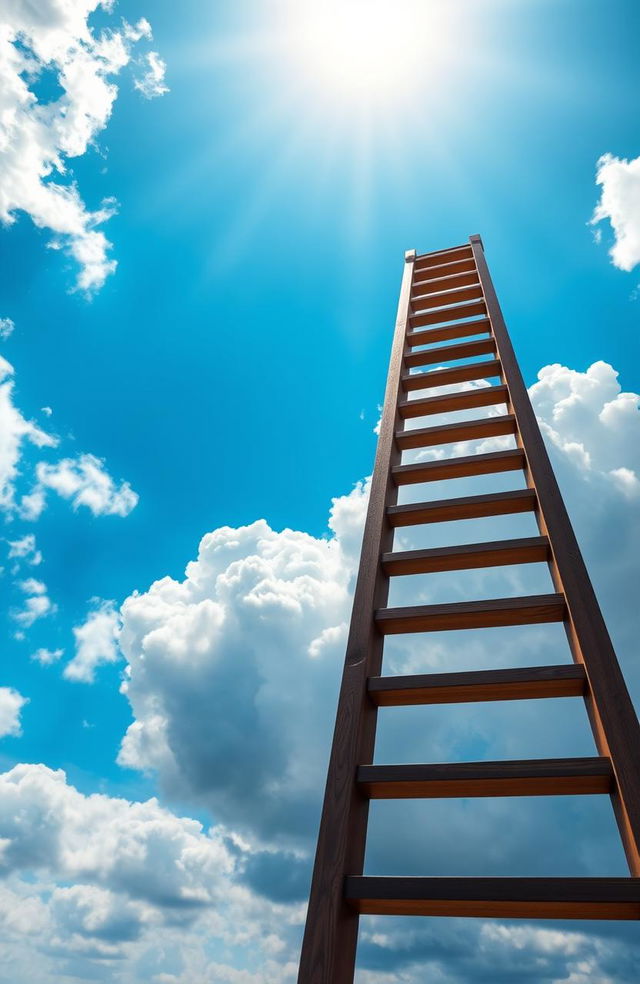 A stunning visual of a tall, sturdy ladder reaching upwards into a vibrant blue sky, with fluffy white clouds parting dramatically to reveal bright, warm sunlight streaming through