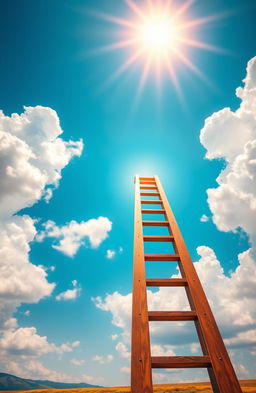A stunning visual of a tall, sturdy ladder reaching upwards into a vibrant blue sky, with fluffy white clouds parting dramatically to reveal bright, warm sunlight streaming through