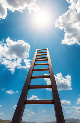 A stunning visual of a tall, sturdy ladder reaching upwards into a vibrant blue sky, with fluffy white clouds parting dramatically to reveal bright, warm sunlight streaming through